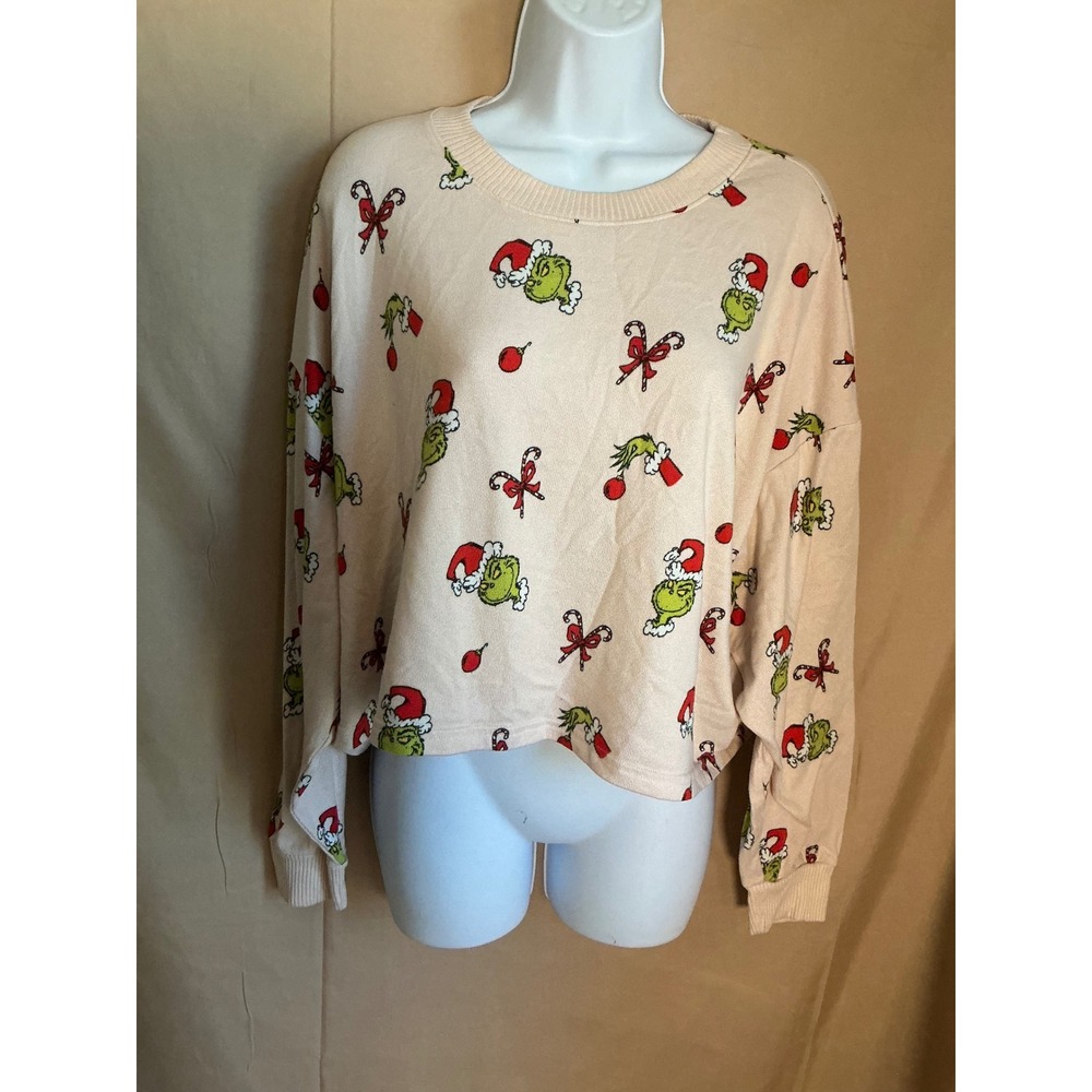 American Eagle Grinch Sweatshirt Womens XL Cream Exc Cropped Holiday Lounge